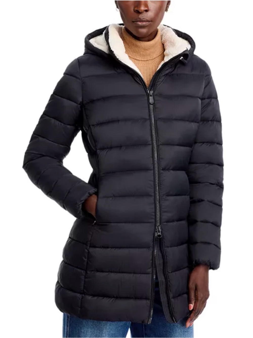 SAVE THE DUCK Black Hooded Quilted Puffer with Sherpa Trim